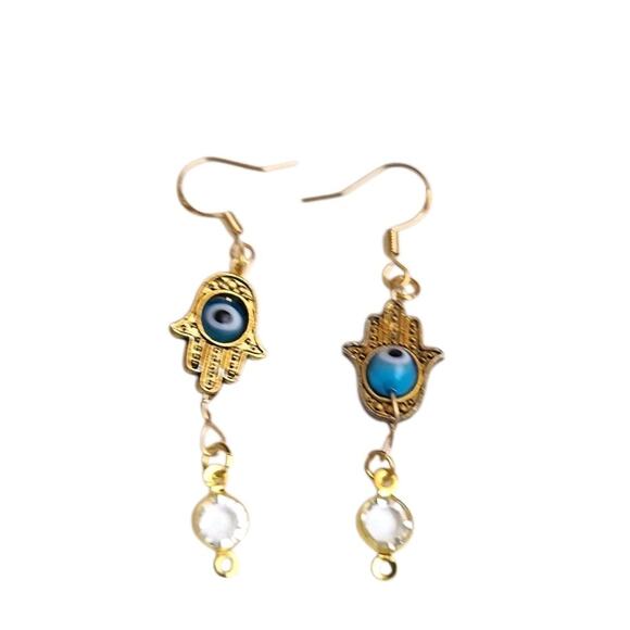 14k Gold Plated Hamsa Hand Blue Eye Drop Dangle Earrings Clear Faceted Beads - Picture 3 of 3